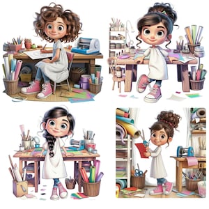May include: A collection of four illustrations featuring a character with dark hair in a white dress and pink trainers, engaged in various crafting activities at a wooden desk surrounded by art supplies, paper rolls, and tools in a studio setting.
