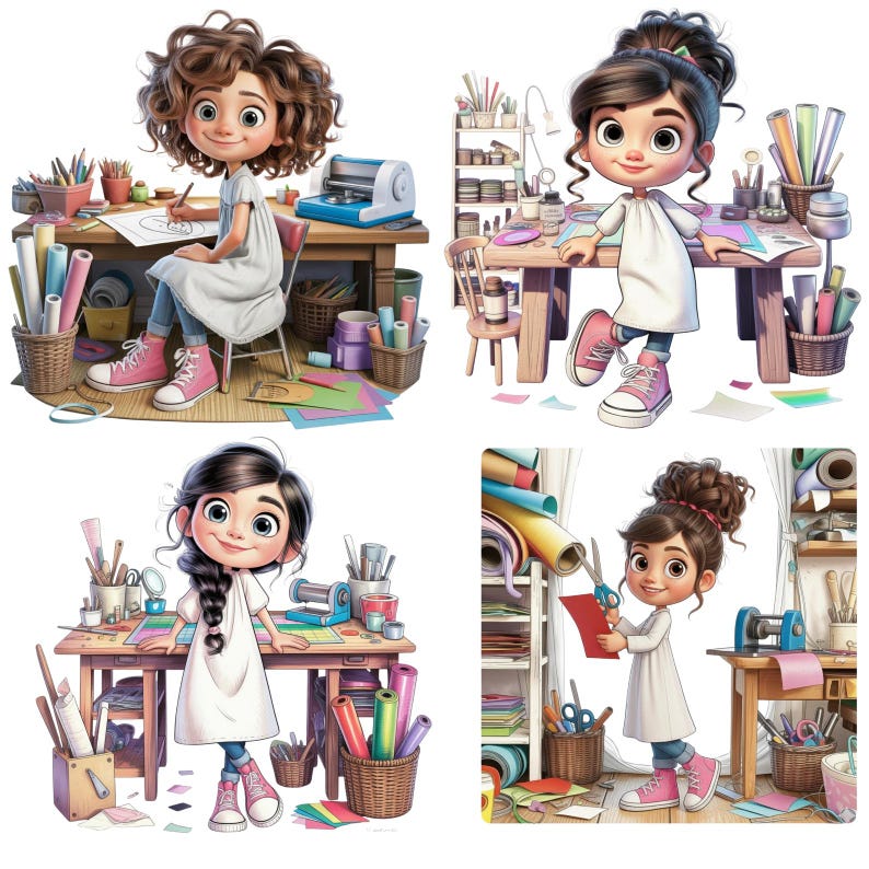 May include: A collection of four illustrations featuring a character with dark hair in a white dress and pink trainers, engaged in various crafting activities at a wooden desk surrounded by art supplies, paper rolls, and tools in a studio setting.