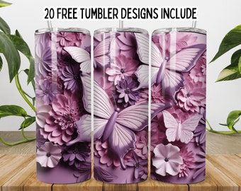 3D pink Flowers, Butterfly 20oz Tumbler Wrap PNG, Butterfly Sublimation Design, Seamless Butterfly Tumbler Png, Straight Tumbler Wrap png