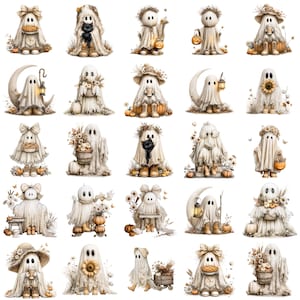 May include: A collection of twenty-five illustrations featuring white ghosts in various poses, wearing hats or bows, and interacting with pumpkins, sunflowers, lanterns, black cats, and baskets in a neutral, muted color palette.