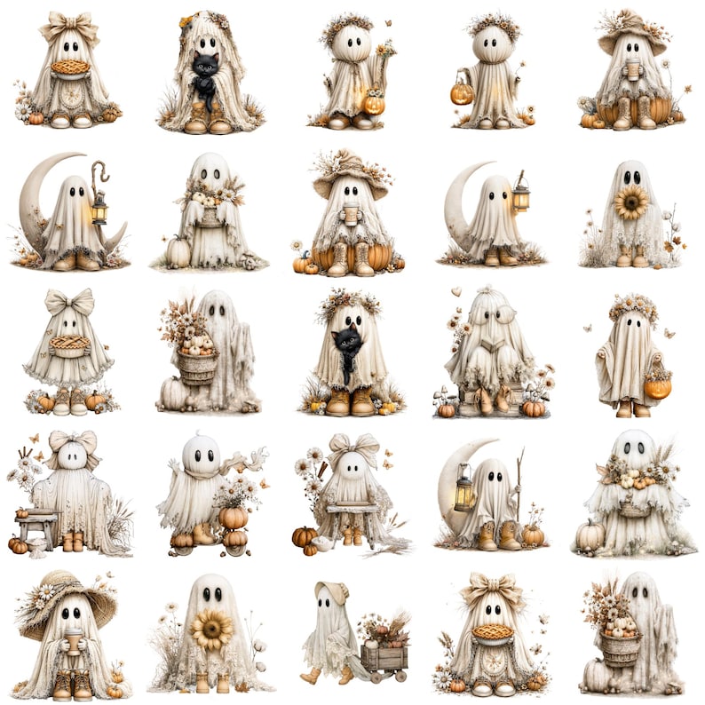 May include: A collection of twenty-five illustrations featuring white ghosts in various poses, wearing hats or bows, and interacting with pumpkins, sunflowers, lanterns, black cats, and baskets in a neutral, muted color palette.