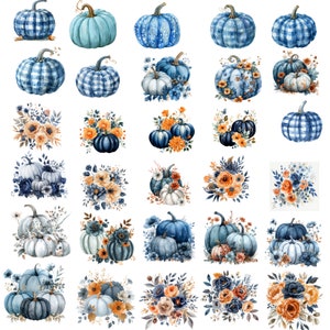 70 Watercolor Blue Fall Clipart Bundle, Floral Blue Pumpkin Png, Autumn ...