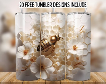 Bee And Flower Sublimation Design PNG, 3D Bee Honeycomb 20oz Skinny Tumbler Design, Honey Bee Tumbler Wrap, Straight Skinny Tumbler Wrap