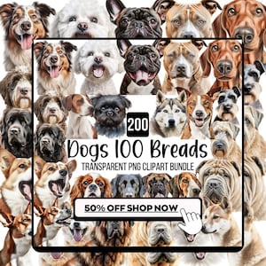 100+ Hunderassen Clipart Bundle, Hund Aufkleber Clipart, süße Hunde PNG, Schäferhund, Französische Bulldogge, süße Hunde Digitale Illustration