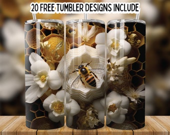 3D Bee Honeycomb 20oz Skinny Tumbler Design, Bee And Flower Sublimation Design PNG, Honey Bee Tumbler Wrap, Straight Skinny Tumbler Wrap