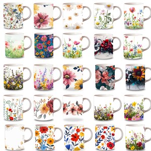 Peut inclure: Ensemble de 24 tasses en c&eacute;ramique blanche avec diff&eacute;rents motifs floraux. Chaque tasse pr&eacute;sente un motif floral diff&eacute;rent, y compris des marguerites, des tournesols et d'autres fleurs sauvages. Les tasses sont toutes de la m&ecirc;me taille et de la m&ecirc;me forme, avec une anse sur le c&ocirc;t&eacute; droit.