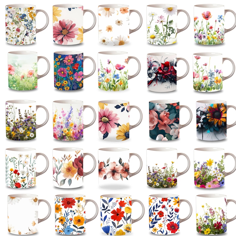 Peut inclure: Ensemble de 24 tasses en c&eacute;ramique blanche avec diff&eacute;rents motifs floraux. Chaque tasse pr&eacute;sente un motif floral diff&eacute;rent, y compris des marguerites, des tournesols et d'autres fleurs sauvages. Les tasses sont toutes de la m&ecirc;me taille et de la m&ecirc;me forme, avec une anse sur le c&ocirc;t&eacute; droit.