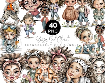 Cozy Girl Clipart PNG Bundle, Cute Cartoon Girls, Fashion Kids Characters, Whimsical Girl, Transparent PNG, Digital Download