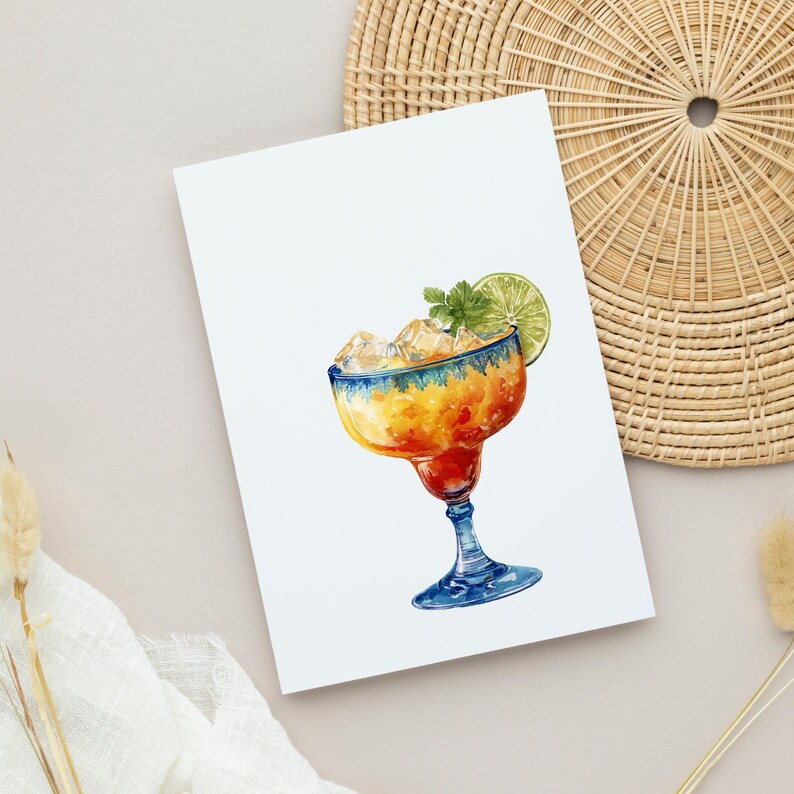 May include: A watercolour illustration of a margarita cocktail in a classic glass. The drink is filled with ice cubes, garnished with a lime slice and mint. The glass has a blue rim and stem, with a red base. The drink is orange and yellow.