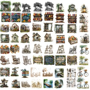 Peut inclure: Une collection d'illustrations &agrave; l'aquarelle sur les th&egrave;mes du jardin et de la ferme. Comprend des images de nichoirs, de panneaux de bienvenue, de citrouilles, de chaises ber&ccedil;antes, de v&eacute;los et d'outils de jardin. La palette de couleurs est douce avec des verts, des bruns et des bleus.