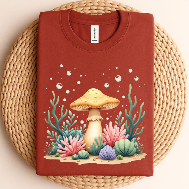 May include: Rust-colored crew neck sweatshirt featuring a whimsical mushroom graphic. The design includes a yellow mushroom with a cream-colored stem, surrounded by colorful coral and bubbles. The shirt is folded on a woven mat.