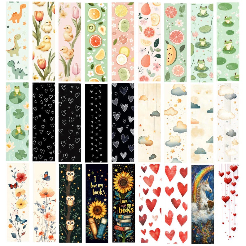 May include: A collection of colorful bookmarks with various designs. Some feature dinosaurs, ducklings, and fruit. Others display hearts, clouds, owls, sunflowers, and a unicorn with a rainbow. Some bookmarks have the text "I love my books."