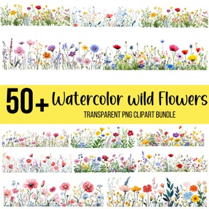 50+ Wildflower Clipart Bundle, Wildflower Meadow, Watercolor Flower, Watercolor Wildflower Png, Scrapbook, Junk Journal, Digital Download