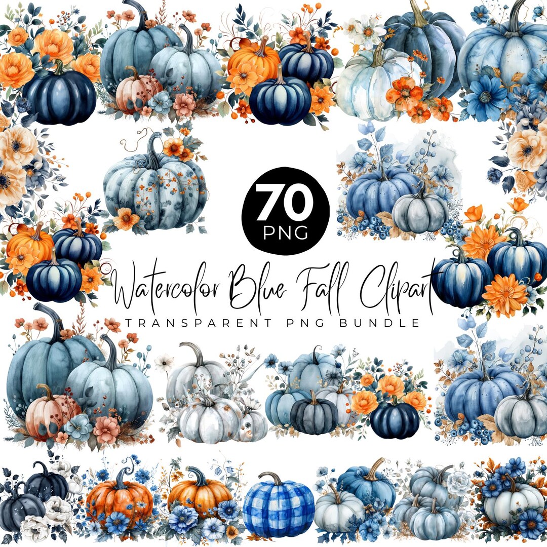 70 Watercolor Blue Fall Clipart Bundle, Floral Blue Pumpkin Png, Autumn ...