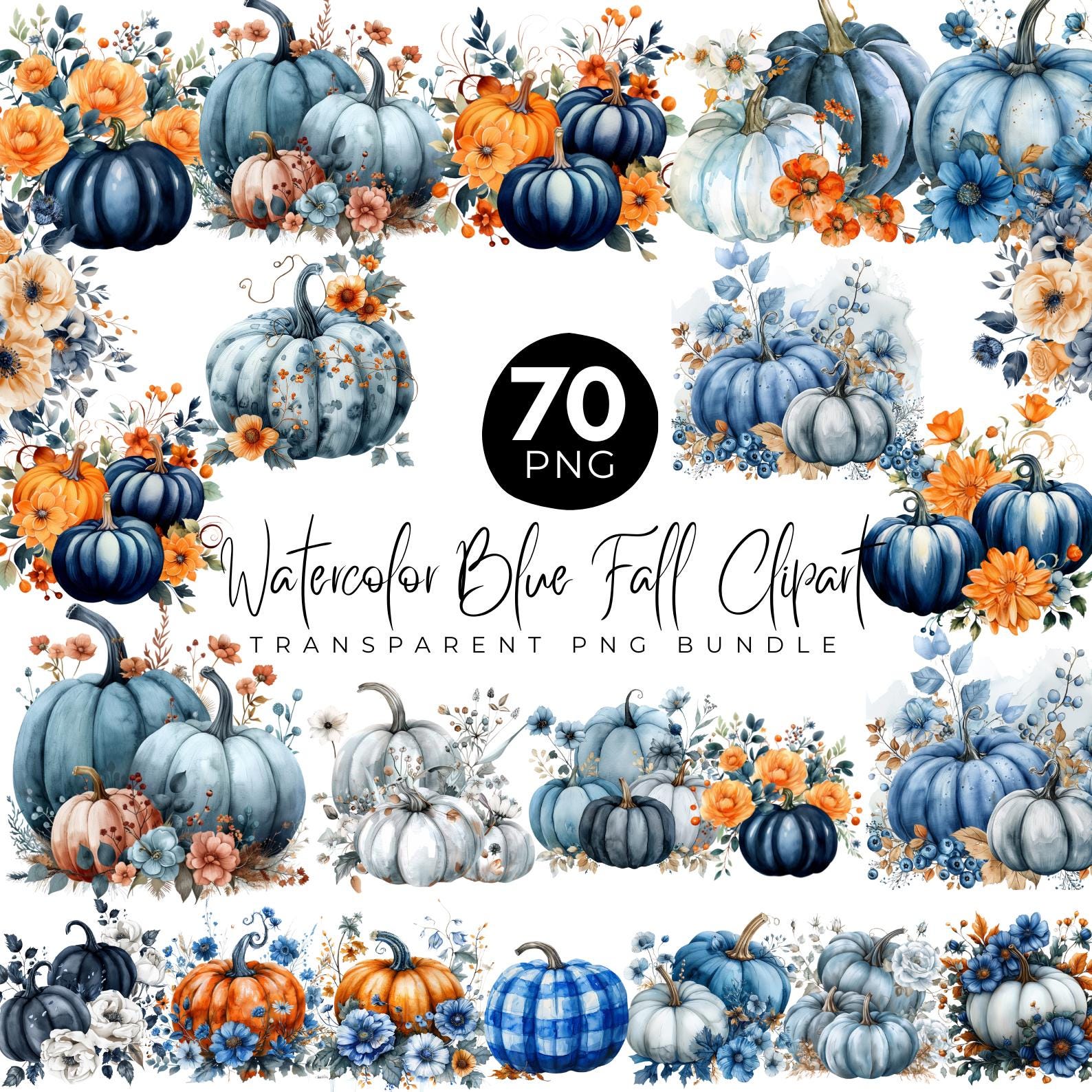 70 Watercolor Blue Fall Clipart Bundle, Floral Blue Pumpkin Png, Autumn ...
