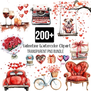 Más de 200 imágenes prediseñadas de San Valentín, imágenes prediseñadas de pareja de acuarela, feliz día de San Valentín, ternura PNG, imágenes prediseñadas divertidas de perros, automóviles y flores para San Valentín