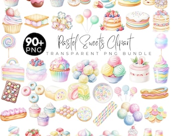 Könnte beinhalten: Eine Sammlung von Aquarellillustrationen verschiedener pastellfarbener Süßigkeiten, darunter Cupcakes, Donuts, Kuchen, Eis und Süßigkeiten. Der Text "90+ PNG" und "Pastel Sweets Clipart TRANSPARENT PNG BUNDLE" sind ebenfalls sichtbar.