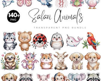 May include: A set of watercolour illustrations featuring a variety of animals, such as a shark, butterfly, bird, jellyfish, fairy, duck, cat, bear, ladybug, penguin, narwhal, parrot, sloth, dragon, hamster, goat, dog, raccoon, pig, monkey, and koala. The text "Safari Animals" is displayed.