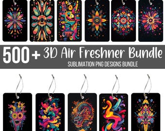 May include: A set of 8 colorful 3D air freshener designs. The designs feature abstract patterns, geometric shapes, and a dragon. The text "500+ 3D Air Freshener Bundle" and "Sublimation PNG Designs Bundle" is displayed below the images.