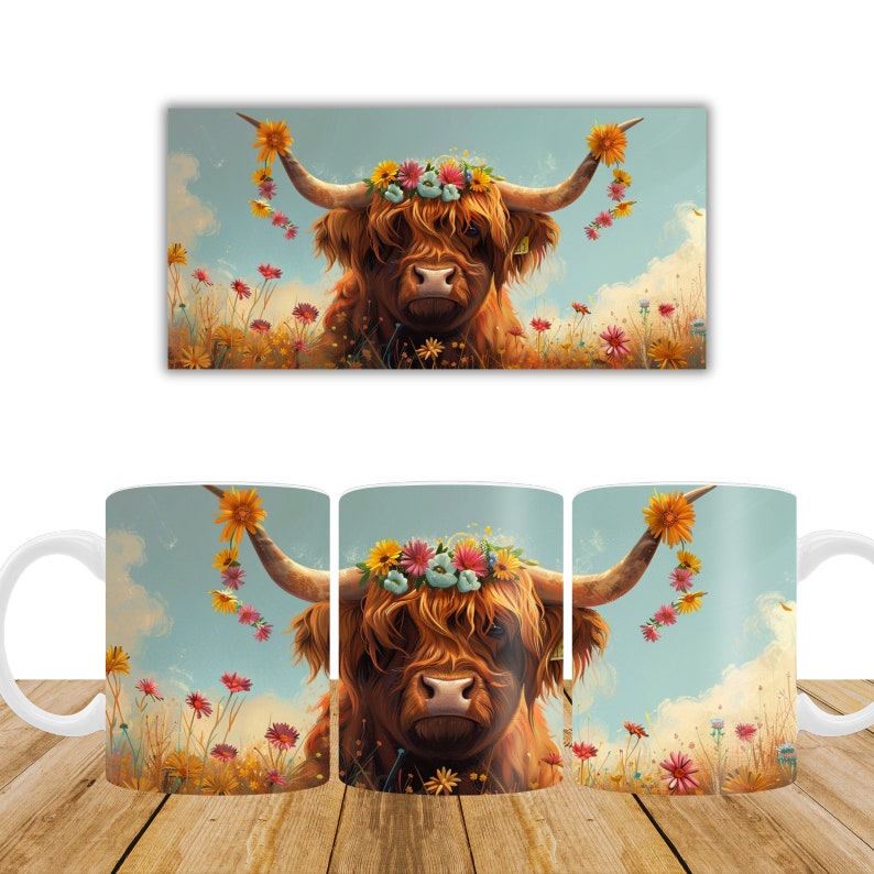 May include: A white ceramic mug with a colorful illustration of a Highland cow wearing a flower crown. The cow is standing in a field of wildflowers against a blue sky.