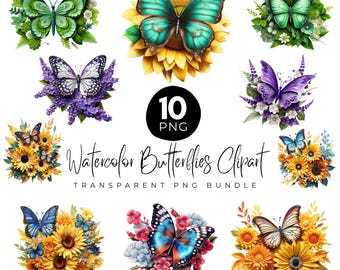 Butterfly Floral Clipart Png Bundle, 3D Floral Butterflies, Watercolor Butterflies, Transparent Background, Garden Flowers clipart