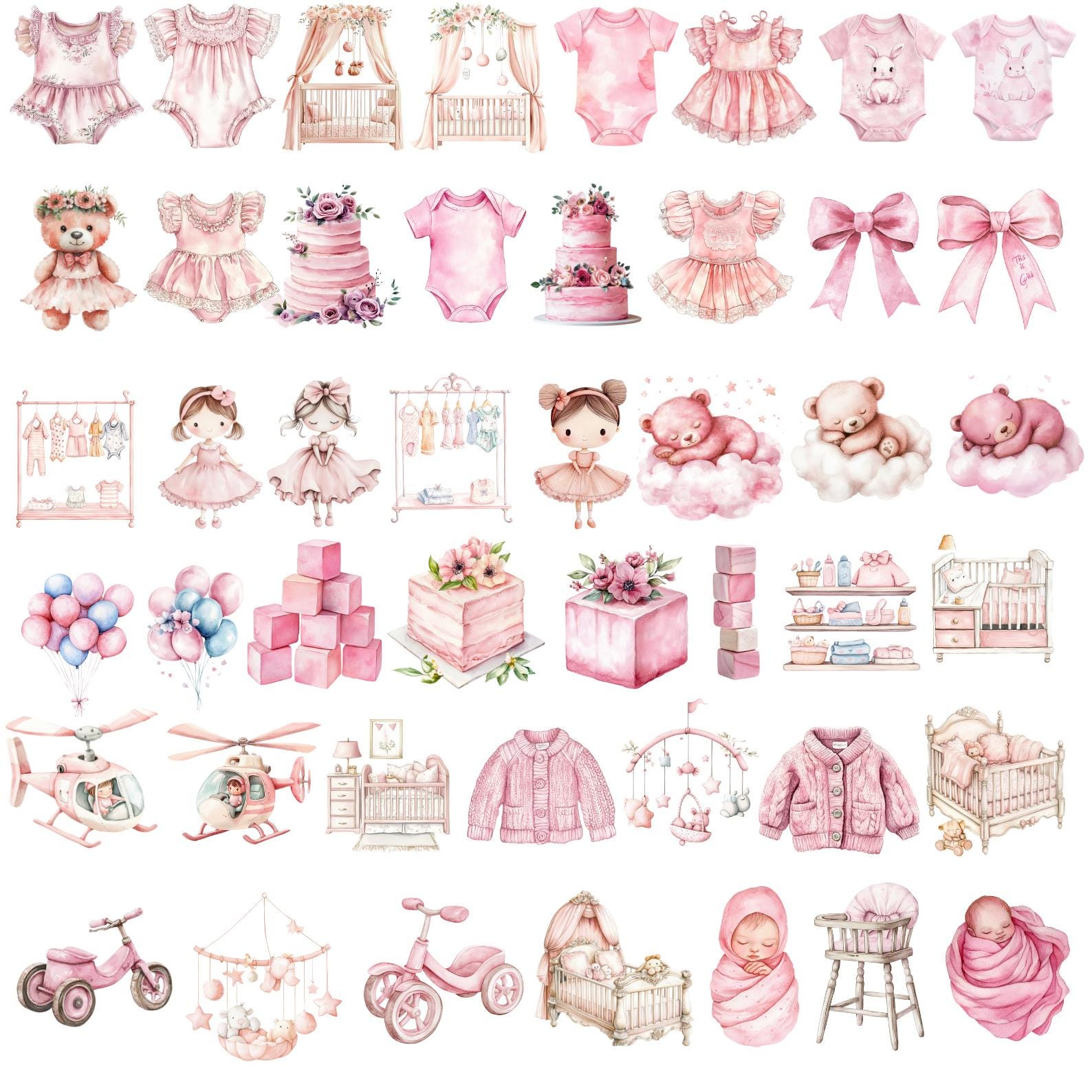 72 Girls Baby Shower PNG Clipart Bundle, Pink Watercolor Teddy Bear ...