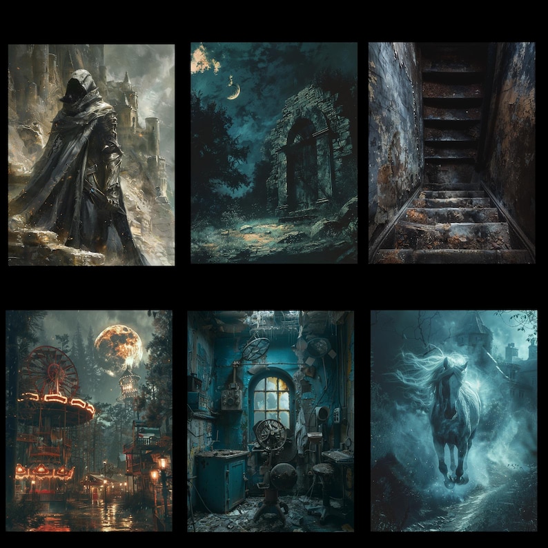 May include: Six digital art prints with a dark fantasy theme. The images show a hooded figure, a moonlit forest, a stone staircase, a carnival, a workshop, and a running horse. The artwork has a gothic aesthetic.