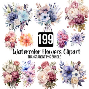 199 imágenes prediseñadas de flores de acuarela, paquete PNG floral bohemio, flores transparentes, flores silvestres, elementos florales de boda, PNG digital