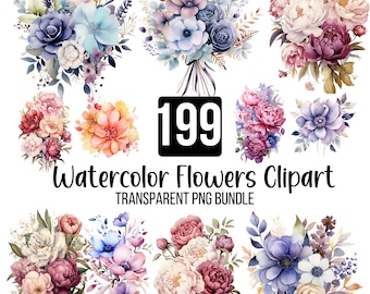 199 imágenes prediseñadas de flores de acuarela, paquete PNG floral bohemio, flores transparentes, flores silvestres, elementos florales de boda, PNG digital