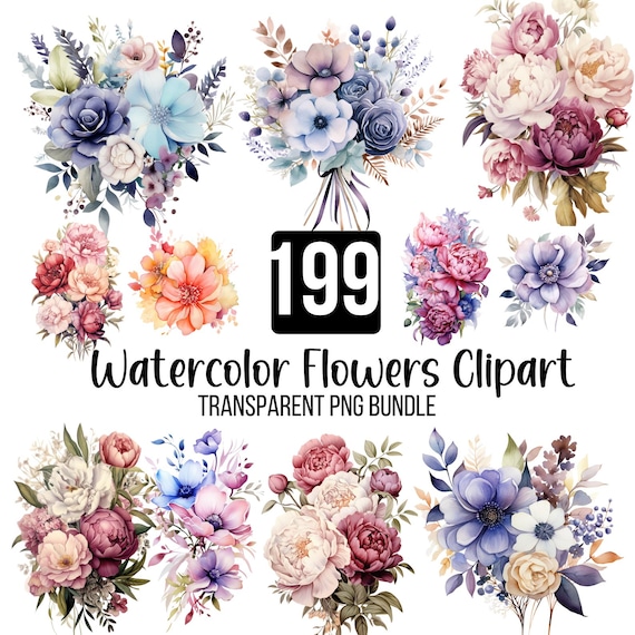 199 Watercolor Flower Clipart, Boho Floral PNG Bundle, Transparent Flowers, Wildflowers, Wedding Floral Elements, Digital PNG