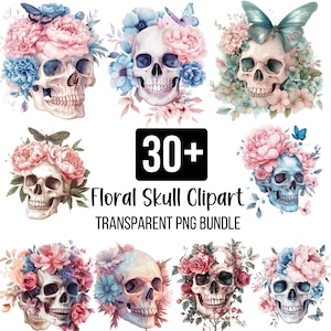 30+ Floral Skull Clipart PNG Bundle, Aquarell Schädel mit Blumen, Schmetterlingen & ästhetischer Gothic Kunst, Schädel mit Blumenkrone, digitales PNG
