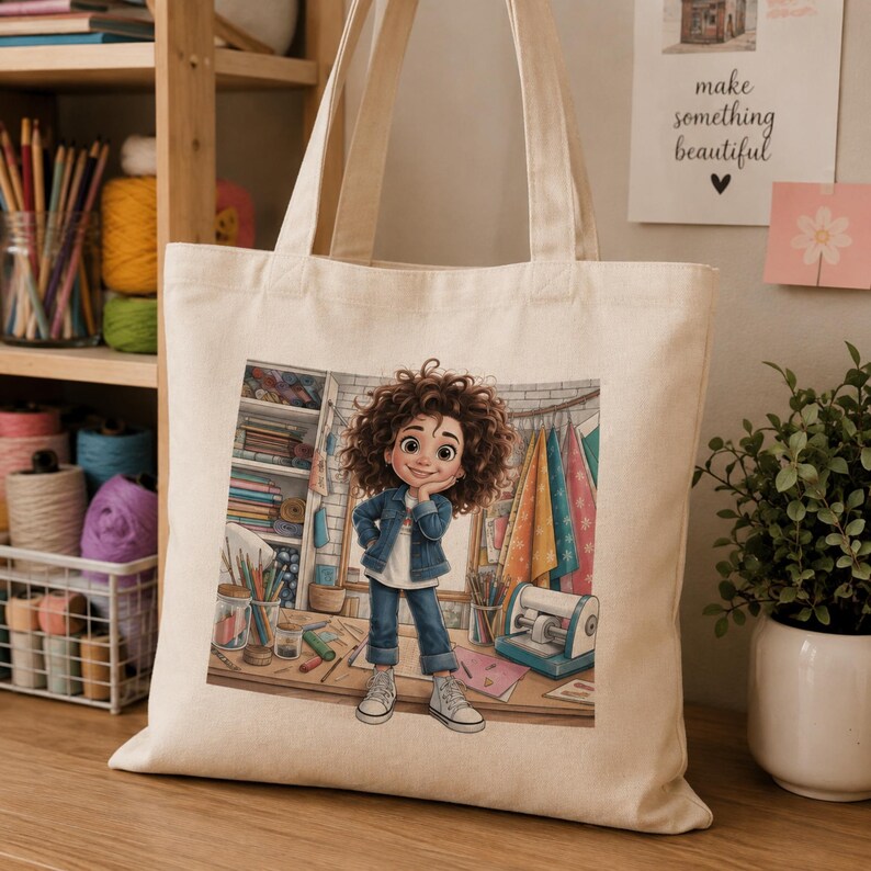 May include: A beige canvas tote bag featuring a printed illustration of a person with curly brown hair wearing a denim jacket and jeans, standing in a craft room with shelves, fabric, and art supplies, including a tape dispenser and pencils.