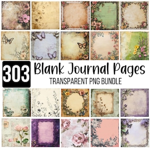 Könnte beinhalten: Eine Sammlung von 20 Journalseiten im Vintage-Stil mit Blumen- und Schmetterlingsmotiven. Die Seiten haben ein verwittertes, gealtertes Aussehen mit verschiedenen Farbschemata, darunter Rosa, Grün und Beige. Der Text "303 Blank Journal Pages" ist ebenfalls sichtbar.