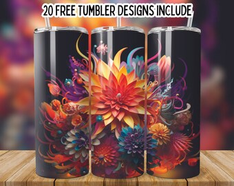 Puede incluir: Tres vasos negros con diseños florales vibrantes. La obra de arte presenta una gran flor naranja central rodeada de flores más pequeñas en tonos rojos, amarillos, morados y azules. El texto "20 FREE TUMBLER DESIGNS INCLUDE" está en la parte superior.