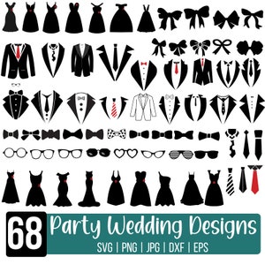 ウェディングドレス SVG バンドル、スーツ バンドル SVG、タキシード カット ファイル、ブライズメイド ドレス SVG、ドレス シルエット、デジタル ダウンロード