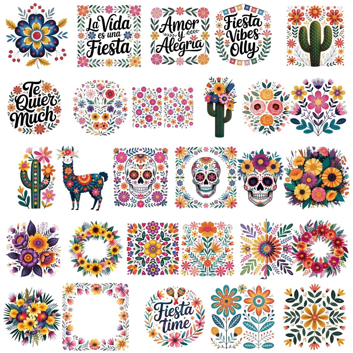 Mexican Floral Clipart Bundle, Fiesta Flowers PNG, Sugar Skull Clipart ...
