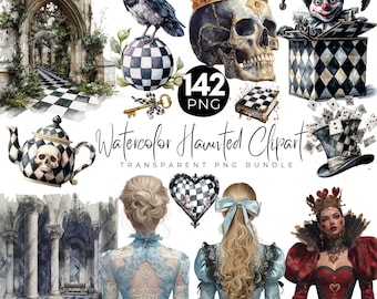 Watercolor Haunted clipart Bundle, Cute Halloween Clipart, Kawaii Halloween PNG Bundle, Watercolor Ghost PNG, Kids Halloween, Spooky Png