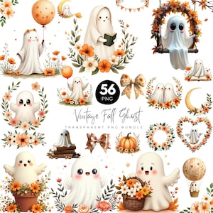 May include: A collection of 56 PNG images featuring vintage fall ghosts. The ghosts are white with smiling faces, surrounded by fall foliage, flowers, and pumpkins. Some ghosts hold balloons or books. The text "Vintage Fall Ghost" is displayed.
