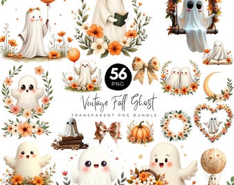 56 clipart vintage de fantasmas de outono, conjunto de fantasmas boho de outono, diário de Halloween PNG, fantasma e flor em aquarela PNG, download digital