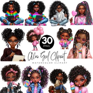 30 Cute Afro Girl Clipart Bundle, Cute Black Girl PNG, Fashionable Girl Graphics,Denim Chibi Girl Png, Beautiful Girl Clipart, Digital  Png