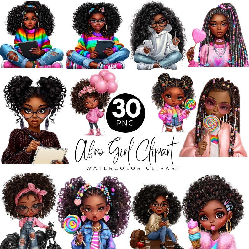 Peut inclure: Une collection de 30 images clipart PNG &agrave; l'aquarelle repr&eacute;sentant des illustrations de filles noires aux cheveux boucl&eacute;s, portant des lunettes et divers accessoires. Les filles sont repr&eacute;sent&eacute;es dans diff&eacute;rentes poses, tenant des tablettes, des t&eacute;l&eacute;phones et des sucettes. Le texte "Afro Girl Clipart" est &eacute;galement visible.