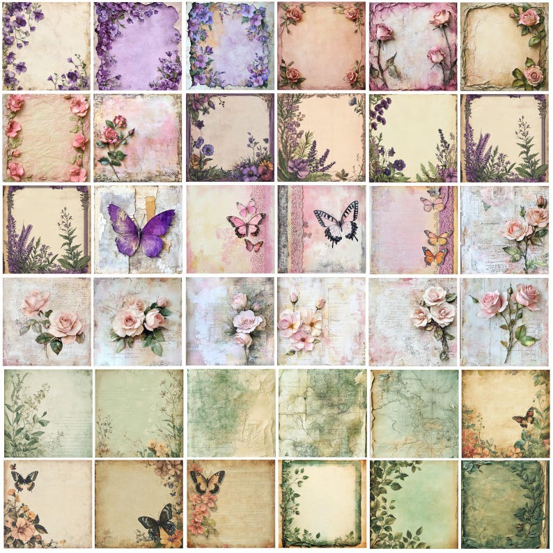 May include: A collection of 36 square scrapbook paper sheets. Each sheet features a vintage design with floral and butterfly motifs. Colors include soft pinks, purples, greens, and creams. The papers have a distressed, aged appearance.