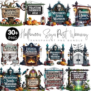 Halloween-skylt Clipart-paket, kusliga varningsskyltar PNG, spökhusdekor, bus eller godis Clipart, digital nedladdning