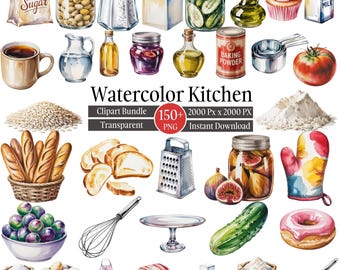 150+ Cooking Baking Watercolor PNG Clipart Bundle, Kitchen Utensils Ingredients Illustration, Baking Tools Food Graphics, Digital Download