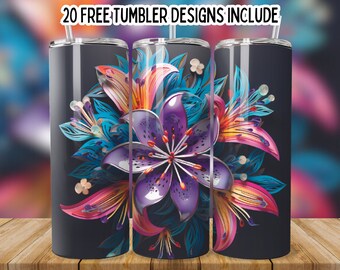 3D Purple Blue Flower Tumbler,20 oz Skinny Sublimation Design,Straight Tumbler Wrap, 3D Seamless Floral Tumbler Design, 3D flower wrap png