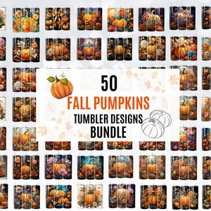 May include: A collection of 50 fall-themed tumbler designs featuring pumpkins in various colors and patterns. The designs are perfect for fall-themed crafts and projects.