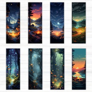 May include: A set of eight digital art prints featuring different scenes of a forest with a campfire, glowing mushrooms, and a starry night sky. The prints are in a vertical format and have a rustic, whimsical style.