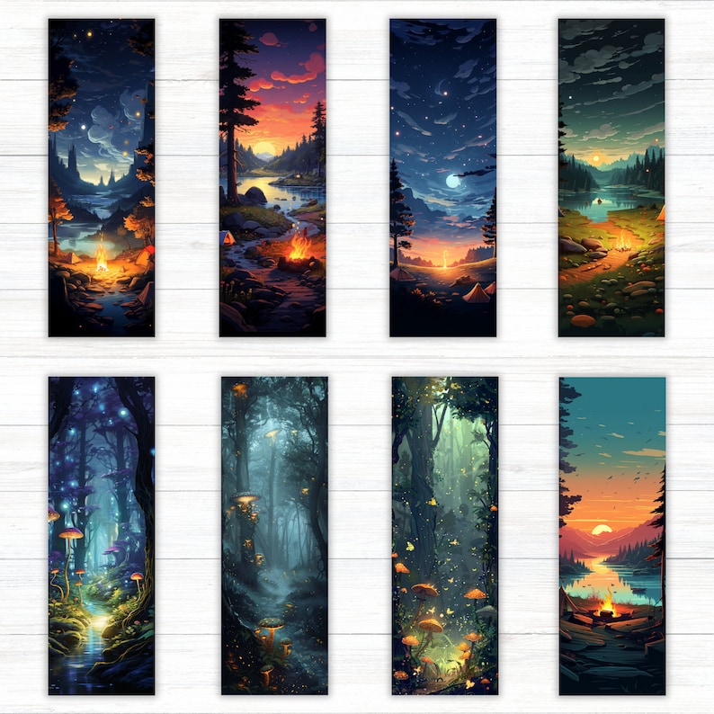 May include: A set of eight digital art prints featuring different scenes of a forest with a campfire, glowing mushrooms, and a starry night sky. The prints are in a vertical format and have a rustic, whimsical style.