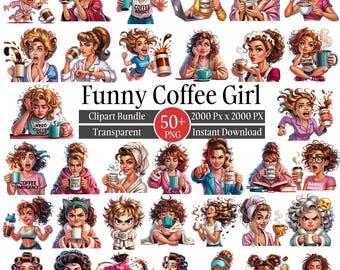 50+ Lustiges Kaffee Mädchen Clipart PNG Bundle, süße Koffein-Liebhaber-Frau Illustration, schrullig Kaffee-Liebhaber ästhetische Grafik, digitaler Download