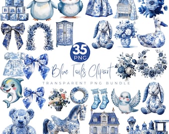 35 Blue Toile Baby Clipart Bundle, Toile De Jouy Clip Art, Watercolor Floral Chinoiserie, Vintage French, It's A Boy Baby Shower,Nursery Png